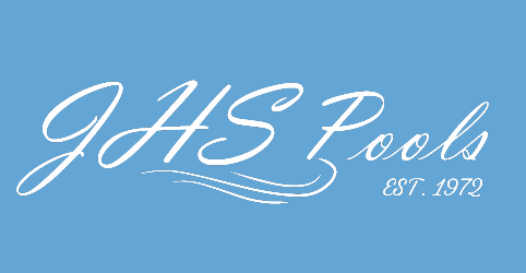 Logo for JHS Pools, featuring white script font with decorative waves on a light blue background, and the establishment date EST. 1972.