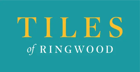 Logo for Tiles of Ringwood, featuring the word "TILES" in large yellow serif font and "of RINGWOOD" in smaller white script and serif fonts on a solid teal green background.